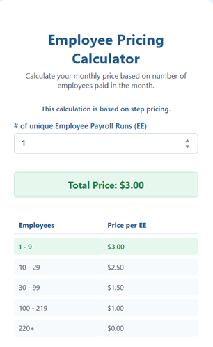 Monthly per employee or EE fees for Gold and Platinum using Intuit Enhanced Payroll are $3.00 for the first 1-9 employees, $2.50 for the next 10-29, $1,50 for the next 30-99, $1.00 for the next 100-219, and $0 for over 220 instead of $7.00 a month per employee
As an example, 12 employees would be $34.50 calculated as follows: $3.00 times nine or $27.00 and the next three would be $2.50 times 3 or $7.50.